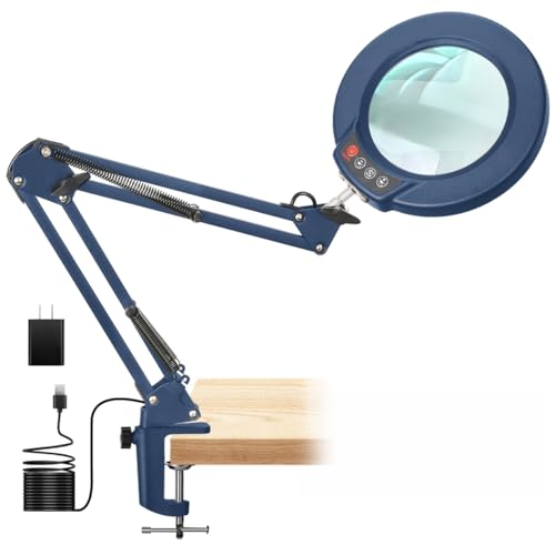 12X Magnifying Glass with Light and Clamp, Real Glass Lens Lighted Magnifier with Stand, 5 Color Modes LED Dimmable Magnifying Desk Lamp Hands Free for Crafts Painting Sewing Close Work - Blue - color: Blue, size: 12X 17.8inch Clamp