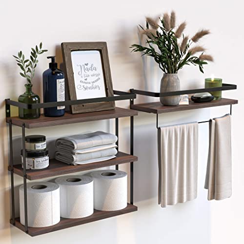 RICHER HOUSE Floating Shelves Bathroom, Wall Mounted Shelf Over Toilet | 3+1 Tier, with Metal Rail, Towel Rack, Paper Storage Shelf, Wall Shelves Decor for Bathroom, Kitchen, Wood, Rustic Brown - color: Rucstic Brown, size: 3+1 Tier Size