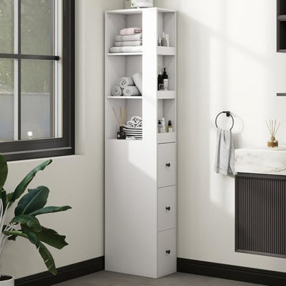 ARTETHYS Tall Narrow Bathroom Storage Cabinet with Side Rack & Drawers | 3-Level Adjustable Shelves, Slim Free Standing Space Saver Organizer for Living Room Kitchen, Classic White - color: White With Side Rack