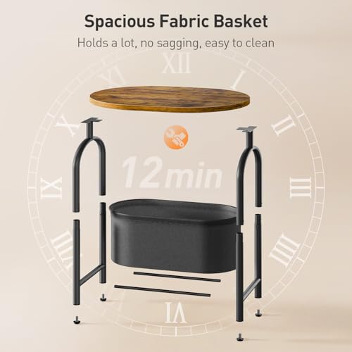 Small Round Side Table with Fabric Basket Storage, Oval End Table for Small Spaces, Modern Coffee Bedside Table, Couch Side Table for Living Room, 15.7" X 11.8" X 24", Rustic Brown 8601BZBF - color: Rustic Brown and Black