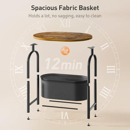 Small Round Side Table with Fabric Basket Storage, Oval End Table for Small Spaces, Modern Coffee Bedside Table, Couch Side Table for Living Room, 15.7" X 11.8" X 24", Rustic Brown 8601BZBF - color: Rustic Brown and Black
