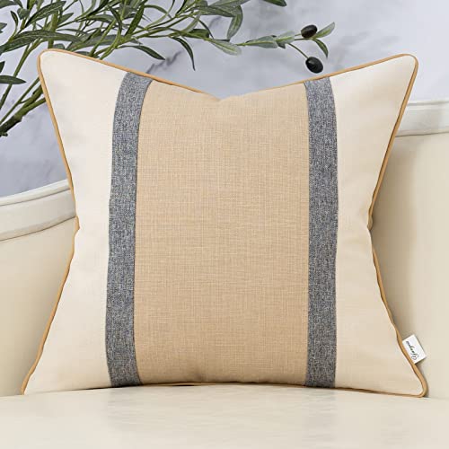 Patchwork Pillow Cover 18x18 Inch Luxury Cotton and Linen Cushion Cover Square Pillowcover for Couch Bedroom Living Room, Khaki - color: Khaki, size: 18" x 18" (Pack of 1)