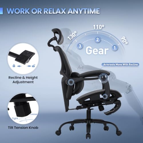 MALOL Ergonomic Mesh Office Chair with Footrest, Executive High Back Computer Desk Chair with 3D Adjustable Headrest & 5-Level Lumbar Support, Track Armrest, Tilt Lock, 300LBS, Grey - color: Grey