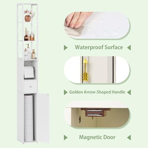 VECELO Tall Narrow Storage Cabinet with X-Frame Metal Design, Slim Freestanding Bathroom Cabinet with Toilet Paper Holder, Magnetic Door & Drawer, for Small Spaces, 7.9" D x 7.9" W x 67" H, White - color: Hollow Top