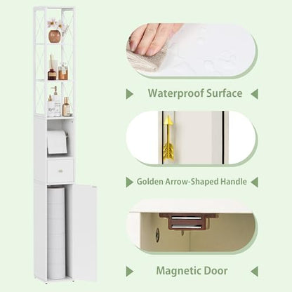VECELO Tall Narrow Storage Cabinet with X-Frame Metal Design, Slim Freestanding Bathroom Cabinet with Toilet Paper Holder, Magnetic Door & Drawer, for Small Spaces, 7.9" D x 7.9" W x 67" H, White - color: Hollow Top