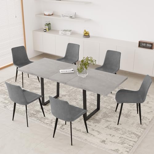 Mid-Century Extendable Dining Table Set, 51"-67", 6 Upholstered Chairs - color: Table + 6 Grey Chairs, size: 51"-67"