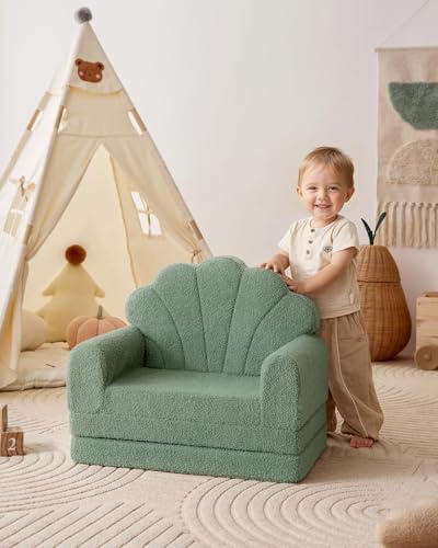 Blissful Diary Kids Couch, 2-in-1 Soft Kids Sofa, Kids Sofa Chair, Comfy Kids Furniture for Playroom, Reading & Play, Shell Green - color: Shell Green