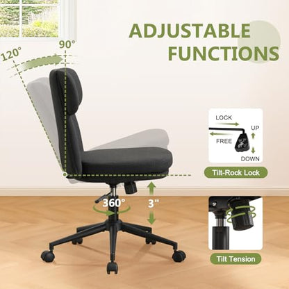 Armless Office Chair with Wheels, Luxury Chenille Swivel Desk Chair with Ergonomic Curved Full Back, Double-Layer Seat, Adjustable Modern Vanity Chair for Makeup, Home Office, Black - color: Black, size: Full Back