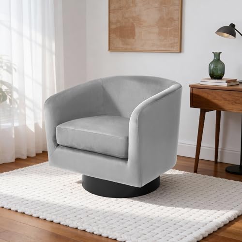 Swivel Barrel Accent Chair, Comfy Reading Armchair, Medium Gray, Set of 1 | Club Chairs for Adults, Low-Back Design, Modern Round Style, Solid Wood Frame & Metal Swivel Base, For Living Room & Bedroom - color: Medium Gray