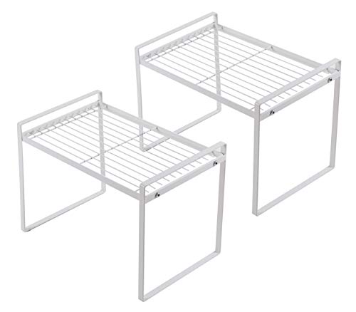 Shantton 2pk Kitchen Cabinet Shelf Counter Organizer Rack Pantry Storage Bathroom Bedroom Office Table Desk Space Saving Steel Frame Stackable Rust Resistant Non Slip White-Tall- L13in W8.3in H9.5in | 2-Pack Stackable Metal Riser Holds 40LBS with Non-Slip