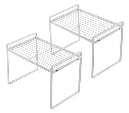Shantton 2pk Kitchen Cabinet Shelf Counter Organizer Rack Pantry Storage Bathroom Bedroom Office Table Desk Space Saving Steel Frame Stackable Rust Resistant Non Slip White-Tall- L13in W8.3in H9.5in | 2-Pack Stackable Metal Riser Holds 40LBS with Non-Slip