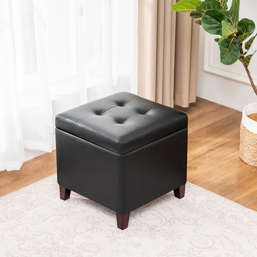 Storage Ottoman, 17" Fuax Leather Square Tufted Footrest Stool with Hinged Lid & Wooden Legs, Extra Seat or Coffee Table for Living Room, Bedroom, Entryway, Black - color: Black Leather