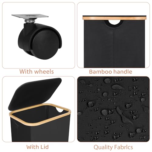 Laundry Basket with Wheels,100L Hampers for Laundry,Black Large Laundry Hamper with Lid and Bamboo Handles,Collapsible & Waterproof Tall Cloth Hamper for Dormitory Family - color: Black, size: 100L with Wheels