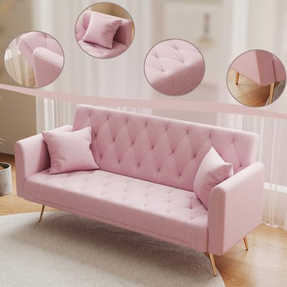Anwick 72''Modern Velvet Sofa Bed Futon,Convertible Folding Sleeper Couches with 3 Adjustable Backrests,Tufted Recliner Loveseat with Golden Chrome Legs for Living Room Apartment Office (Light Pink) - color: Light Pink