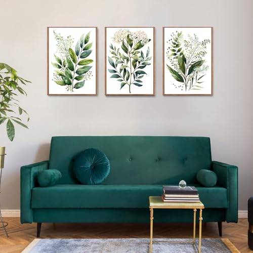 Bwodke Botanical Wall Art Plant Floral Watercolor Poster Canvas Prints Set of 3 Framed Sage Green Painting Eucalyptus Leaf Picture Modern Minimalist Home Decor Bedroom Bathroom Living Room 16"x24" - color: Fresh Green, size: 16"x24" Natural Framed