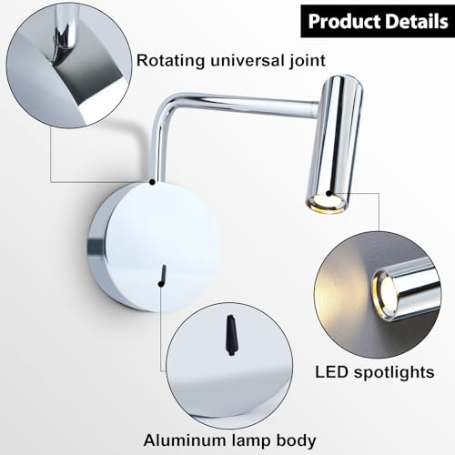 ZEROUNO Wall Mounted Lamp, Hardwired LED Wall Sconce with Switch on/Off Modern 3000K Swing Arm Bedside Indoor Wall Mount Lamp (Chrome) - color: Chrome