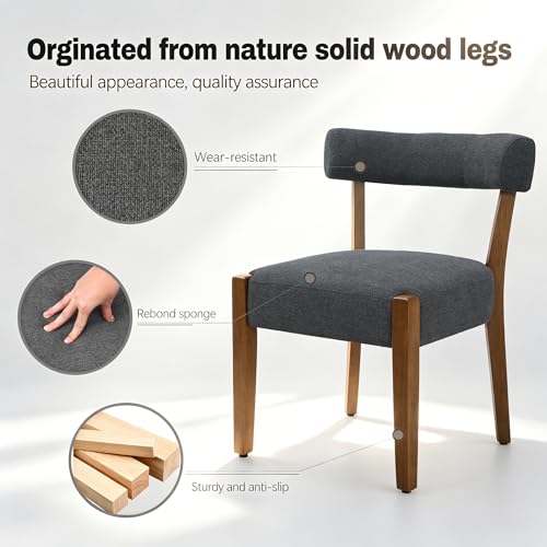 RNKSFX Upholstered Dining Chairs Set of 2, Walnut Wooden Kitchen & Dining Room Chairs, Mid Century Modern Fabric Farmhouse Dining Chairs Oversized Sturdy Rounded Chairs Curved Back, Dark Grey - color: Dark Grey