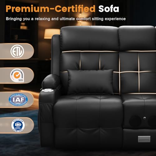 Home Theater Seating, Power Loveseat Recliner Sofa with Massage & Heat | Wall Hugger Reclining Loveseat with USB, RV Couch with LED Lights, Flip Backrest, Cup Holders for Movie Theater, Gaming Room - color: Black, size: 72" - 2 Seats