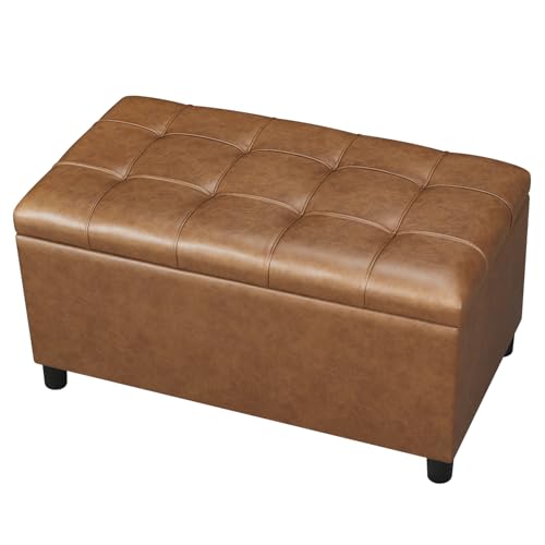 Storage Ottoman Bench, 32 Inches Faux Leather Rectangle Tufted Foot Stool for End Foot of Bed, Bedroom, Living Room,Warm Golden Brown - color: Warm Golden Brown