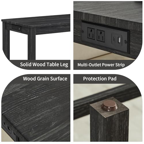 59" Industrial 4 Piece Bar Table Set with Built-in Power Outlet, Behind Couch Sofa Table with 3 Linen Upholstered Stools, Bar Table and Chairs Set for Living Room, Dining Room, Lounge, Black - color: R2-black