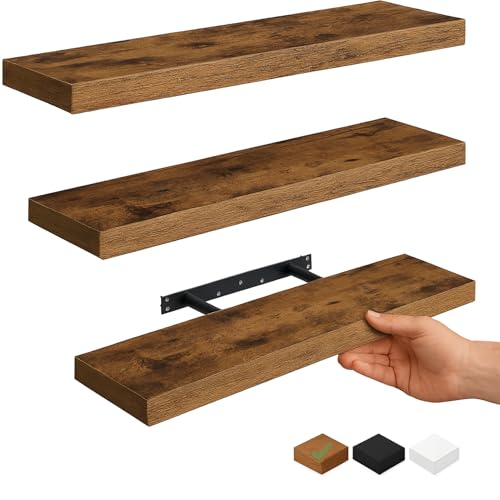 Vervida® Rustic Brown Floating Wall Shelves 24in Set of 3 Holds 38lbs | Bedroom Bathroom Kitchen, Holds 38 Lbs Each Invisible Brackets, Rustic Wood Easy Install, Home Decor Display Storage Shelves - color: Rustic Brown, size: 24x7.9