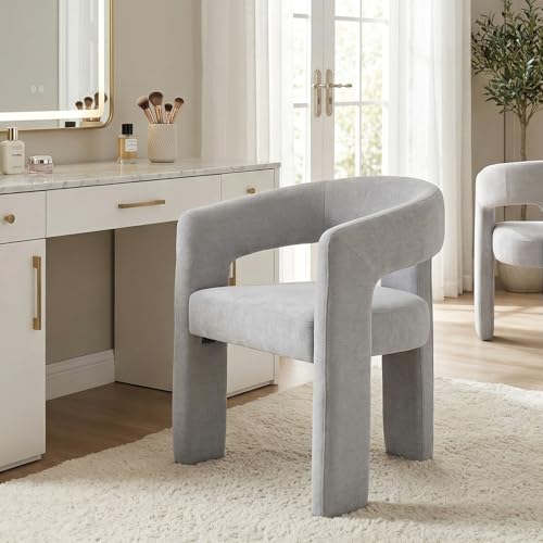 HNY Modern Chenille Barrel Single Dining Chair, Grey | Upholstered Accent Armchair With 18.9" Wide Seat No Assembly Required For Living Room Bedroom Vanity Small Spaces - color: Grey Chenille