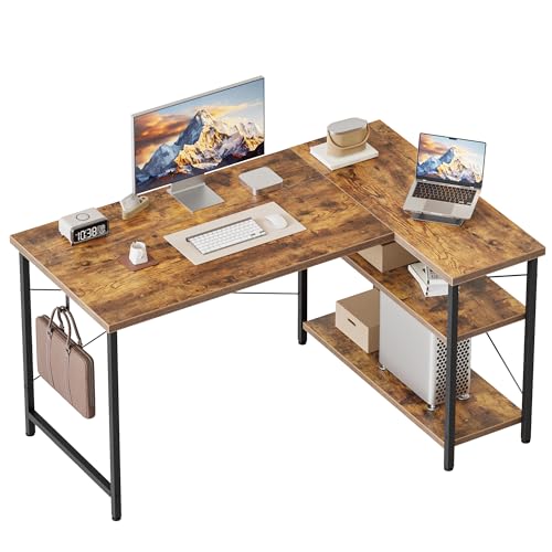 39 inch Corner Desk with Shelves, Small L Shaped Gaming Desk | Reversible Computer Desk with Hooks, Office Table for Home Bedroom Study Work Writing - color: Brown, size: 39.4 inch