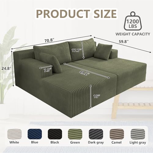 70.8" Oversized Boneless Double Chaise Lounge Chair Indoor, Upholstered Corduroy Cloud Chaise Lounges with 4 Pillows, Modern Deep Seat Loveseat Sleeper Sofa for Living Room Bedroom Apartment, Green - color: 70.8" Green