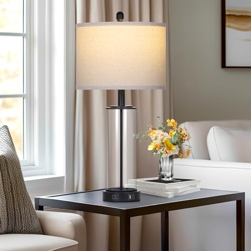 26" Black Glass Table Lamps Set of 2, 3-Way Dimmable Touch Control Living Room Lamp with USB C+A Ports & AC Outlet, Modern Bedside Lamps, Elegant Bedroom Lamps for Nightstand Side End Table Desk - color: Black1
