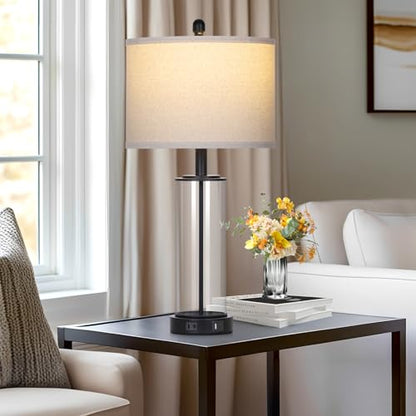 26" Black Glass Table Lamps Set of 2, 3-Way Dimmable Touch Control Living Room Lamp with USB C+A Ports & AC Outlet, Modern Bedside Lamps, Elegant Bedroom Lamps for Nightstand Side End Table Desk - color: Black1