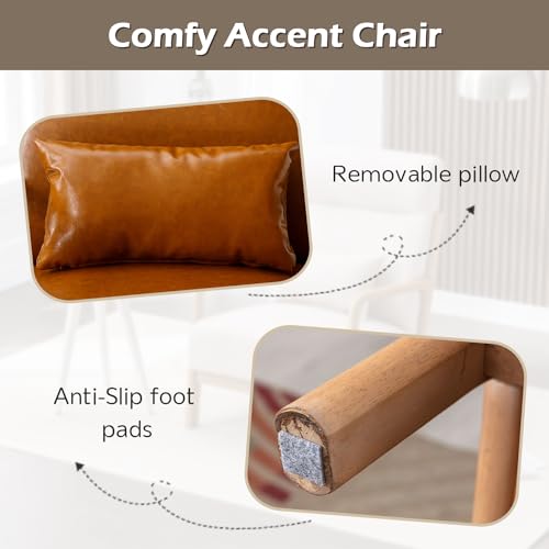 Mid Century Modern Accent Chair with High Back, PU Leather Reading Armchair with Waist Cushion, Upholstered Wood Frame Living Room Chairs for Bedroom Sunroom, Camel - color: Camel