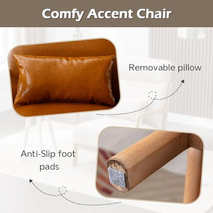 Mid Century Modern Accent Chair with High Back, PU Leather Reading Armchair with Waist Cushion, Upholstered Wood Frame Living Room Chairs for Bedroom Sunroom, Camel - color: Camel