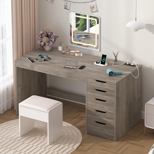 47 Inch Computer Desk with 5 Drawers and Power Outlets for Small Spaces | Home Office Desks with Storage File Cabinet and Charging Station, Modern Simple Laptop Desk Writing Table, Grey - color: Grey