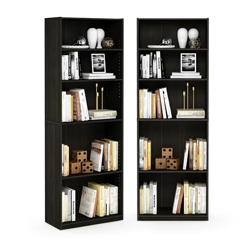 Furinno Jaya Book Shelf Set of 2, 5-Tier Bookshelf, Bookcase, with Adjustable Shelf, 9.5 x 24.5 x 71, for Home Office, Living Room, Espresso - color: Espresso, size: Set of 2, 5-Tier