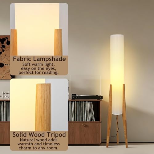 Wabi-Sabi 50" Wood Tripod Floor Lamp with Paper Lantern Inspired | Tall Linen Fabric Shade, E26 3-Color Temperatures Bulb Included, Foot Switch, Natural Wood For Living Room, Bedroom, Office - color: Natural Wood