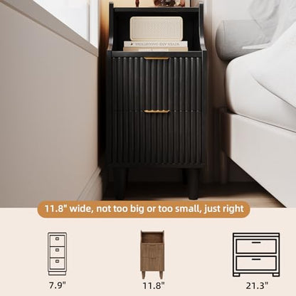 Fluted Nightstands Set of 2,Narrow Bedside Table with 2 Drawers & Storage, Farmhouse Walnut End Table Modern Side Table for Bedroom Livingroom Sofa Office, Small Space - color: Black,11.8" With 2 Drawers