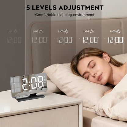 Digital Clock,Alarm Clock Bedside,7.3'' Large LED Mirror with Date Display,Dual Alarm with 3 Mode,Brightnee Adjust,DST,Snooze Function,USB C Charging Port,5 Levels Volume for Desk Bedroom Teens - color: Black