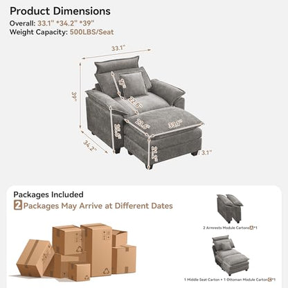 46''Cloud Oversized Sofa Chair with Detachable Headrest, Upholstered Comfy Arm Accent Chair with Ottoman,Modern Chenille Reading Lounge Armchair for Living Room,Bedroom, Light Grey - color: Light Grey, size: Oversized Chair with Ottoman