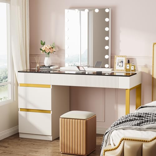Tribesigns Vanity Desk with Glass Top, 4 Drawers Makeup Vanity Table | Modern Makeup Dresser Desk, White Gold Vanities with Visual Drawer for Bedroom