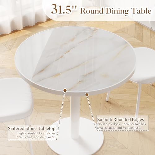 31.5'' Tulip Table, Round Dining Table with Glossy Sintered Stone Tabletop | White Aluminum Alloy Edge & Pedestal, Small Bistro Table for Dining Room/Café/Small Spaces/Restaurant (Crystal Onyx) - color: Crystal Onyx (White Edge), size: Round