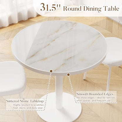 31.5'' Tulip Table, Round Dining Table with Glossy Sintered Stone Tabletop | White Aluminum Alloy Edge & Pedestal, Small Bistro Table for Dining Room/Café/Small Spaces/Restaurant (Crystal Onyx) - color: Crystal Onyx (White Edge), size: Round