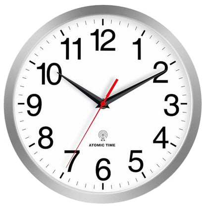 Wall Clock Analog 12 Inch Atomic Battery Operated Silent Clock | Silver, Easy To Read, Non Ticking, Round, Accurate, Kitchen, Living Room, Classroom, Office, School - color: Atomic_silver, size: 12 Inch