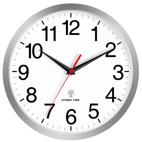 Wall Clock Analog 12 Inch Atomic Battery Operated Silent Clock | Silver, Easy To Read, Non Ticking, Round, Accurate, Kitchen, Living Room, Classroom, Office, School - color: Atomic_silver, size: 12 Inch