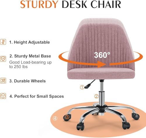 Simple Deluxe Armless Office Desk Chair, Modern Cute Swivel Vanity Chair Comfy Home Office Chairs with Wheels Height Adjustable Rolling Computer Task Stools for Living Room, Make-up, Bedroom, Pink - color: Pink