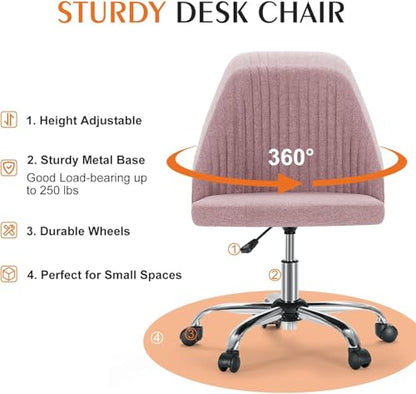 Simple Deluxe Armless Office Desk Chair, Modern Cute Swivel Vanity Chair Comfy Home Office Chairs with Wheels Height Adjustable Rolling Computer Task Stools for Living Room, Make-up, Bedroom, Pink - color: Pink