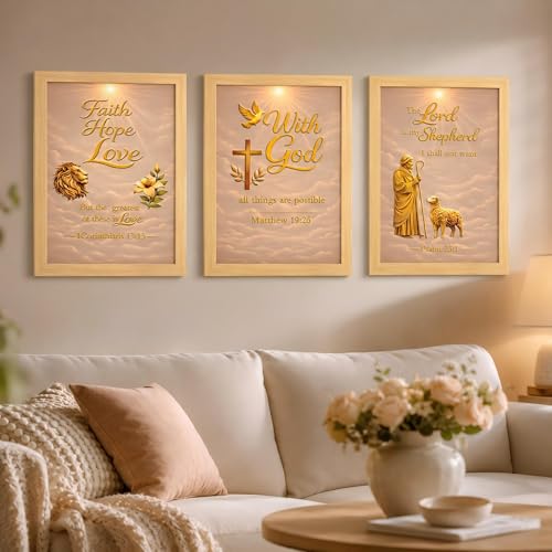 Framed Christian Wall Art Set of 3, 12x16 Bible Verse Wall Decor | Raised 3D Scripture With Gold-Tone Embossed Details, Psalm 23 Faith Hope Love Religious Wall Art For Living Room Prayer Room