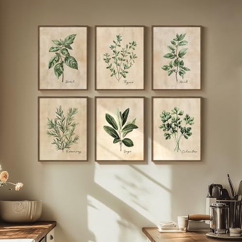 Framed Rustic Sage Green Botanical Wall Art for Kitchen, 6 Piece 11x14 In | Modern farmhouse wall decor, Herb spices plant leaf pictures, Canvas prints, Living room bedroom dining room artwork - color: Herbs - Walnut Framed, size: 11" W x 14" H x 6Pcs