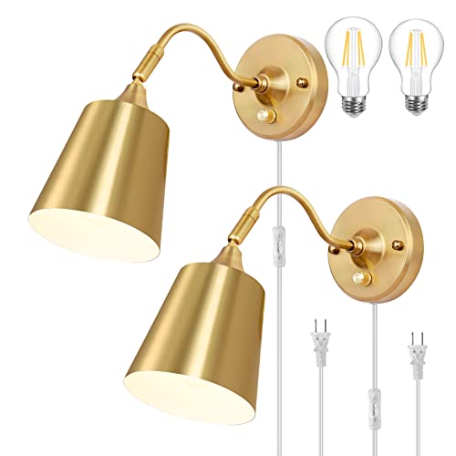 TRLIFE Wall Sconce Plug in, Dimmable Wall Sconces Adjustable Gold Wall Lights with Plug in Cord and Dimmer On/Off Knob Switch, Wall Mounted Light for Bedside Bedroom Stairway(2 Pack, 2 Bulbs Included) - color: Gold