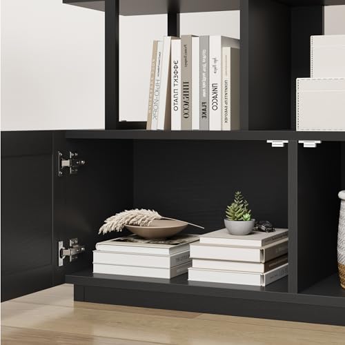 IDEALHOUSE 5 Tier Rattan Bookshelf with Storage Cabinet & Door, 71.1 Inch Tall Industrial Book Shelf with Open Display Shelves, 5 Shelf Bookcase with Metal Frame for Living Room, Bedroom -Black - color: Black
