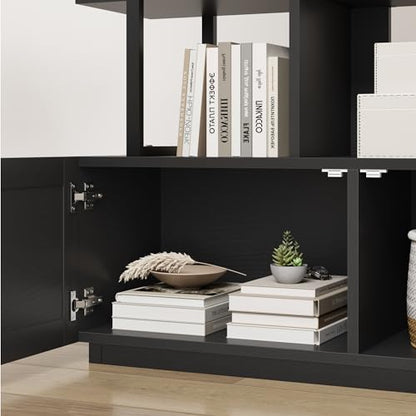 IDEALHOUSE 5 Tier Rattan Bookshelf with Storage Cabinet & Door, 71.1 Inch Tall Industrial Book Shelf with Open Display Shelves, 5 Shelf Bookcase with Metal Frame for Living Room, Bedroom -Black - color: Black